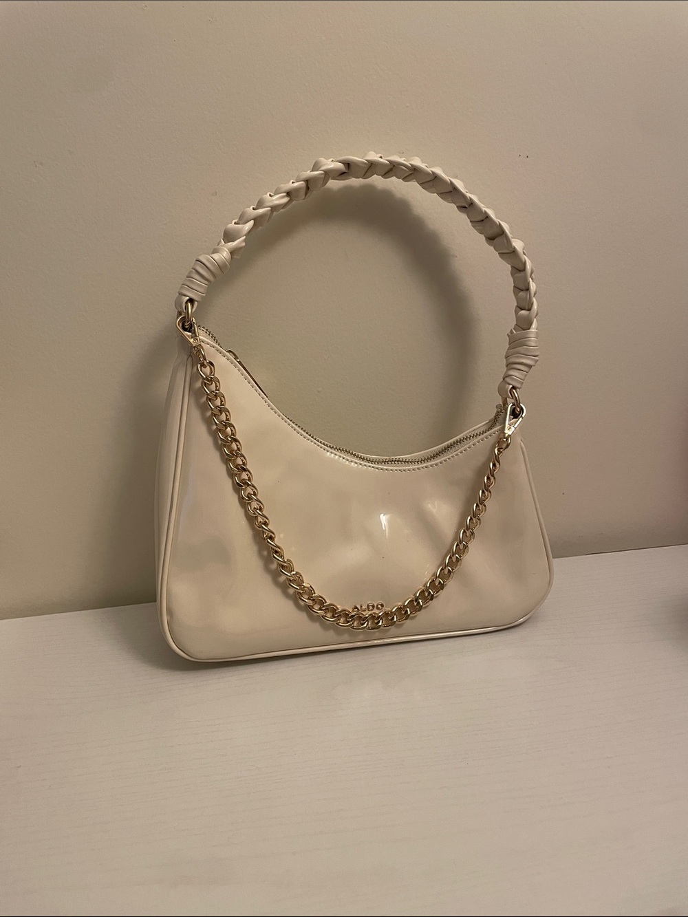 Aldo Cream Shoulder Bag with Braided Handle and Gold Chain